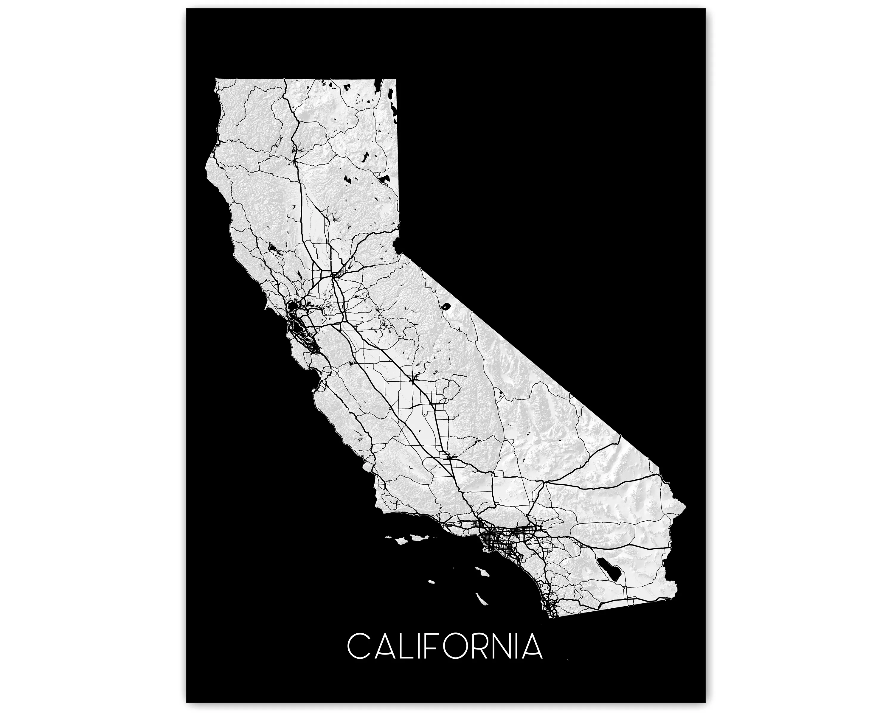 California Map Art Print, CA State Wall Poster with Roads, Colorful Background