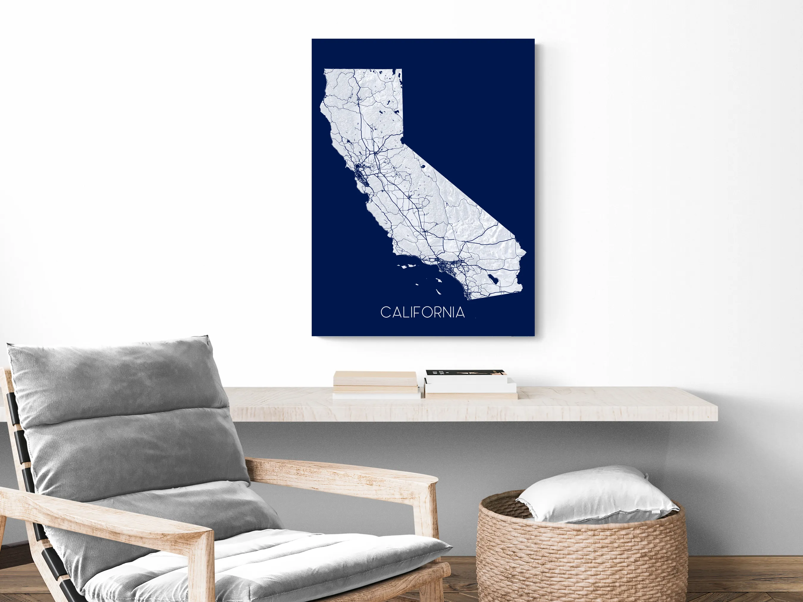 California Map Art Print, CA State Wall Poster with Roads, Colorful Background