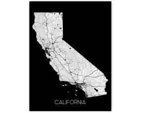 California Map Art Print, CA State Wall Poster with Roads, Colorful Background