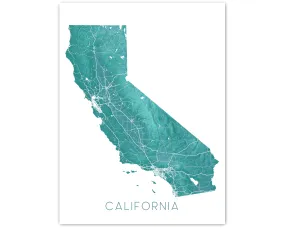 California Map Art Print, Turquoise Topographic CA State Poster Wall Maps