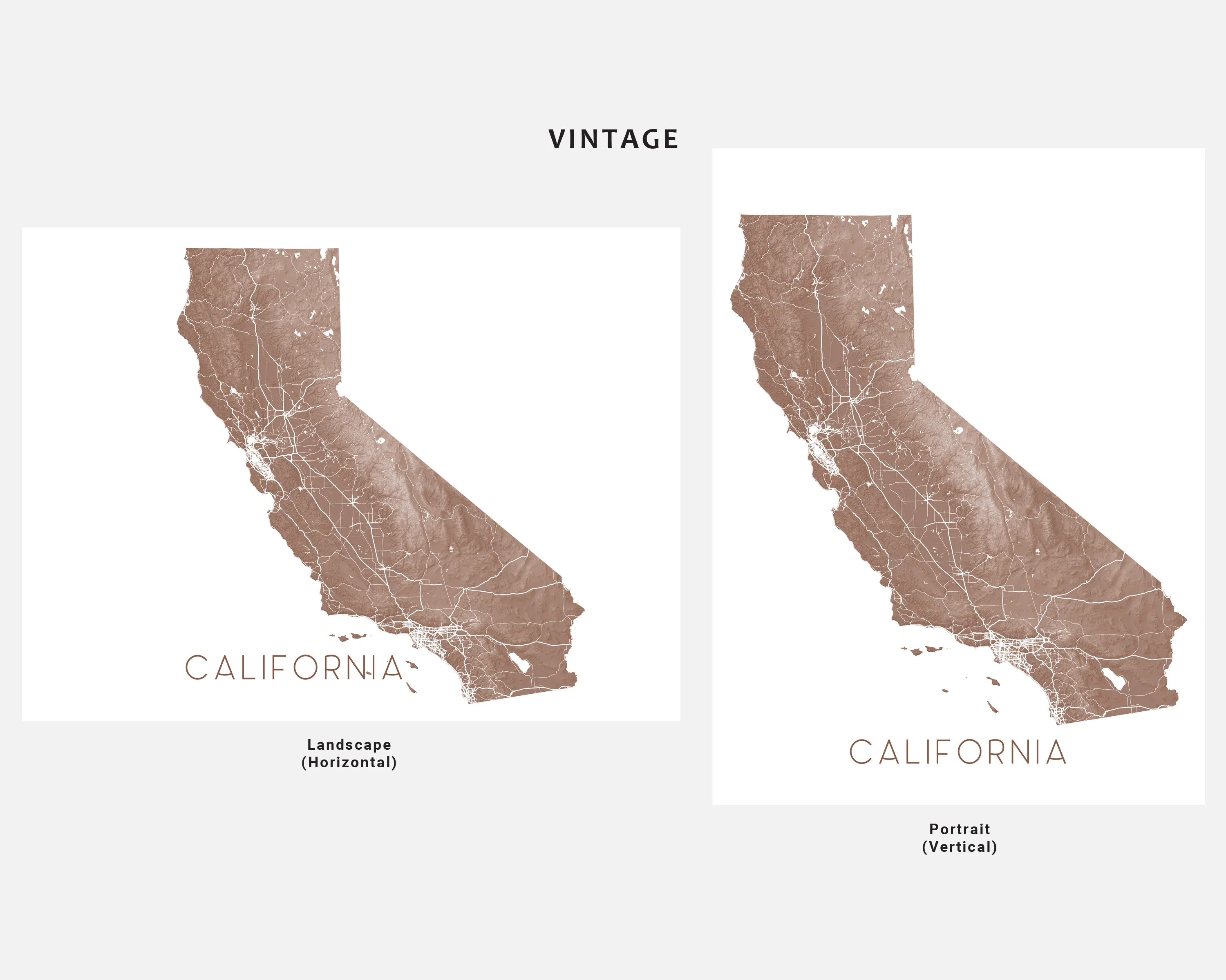 California State Wall Art Map Print Poster - Topographic Map of CA Road Maps, Los Angeles San Francisco Diego