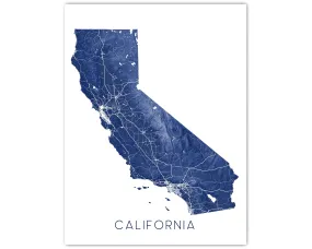 California State Wall Art Map Print Poster - Topographic Map of CA Road Maps, Los Angeles San Francisco Diego