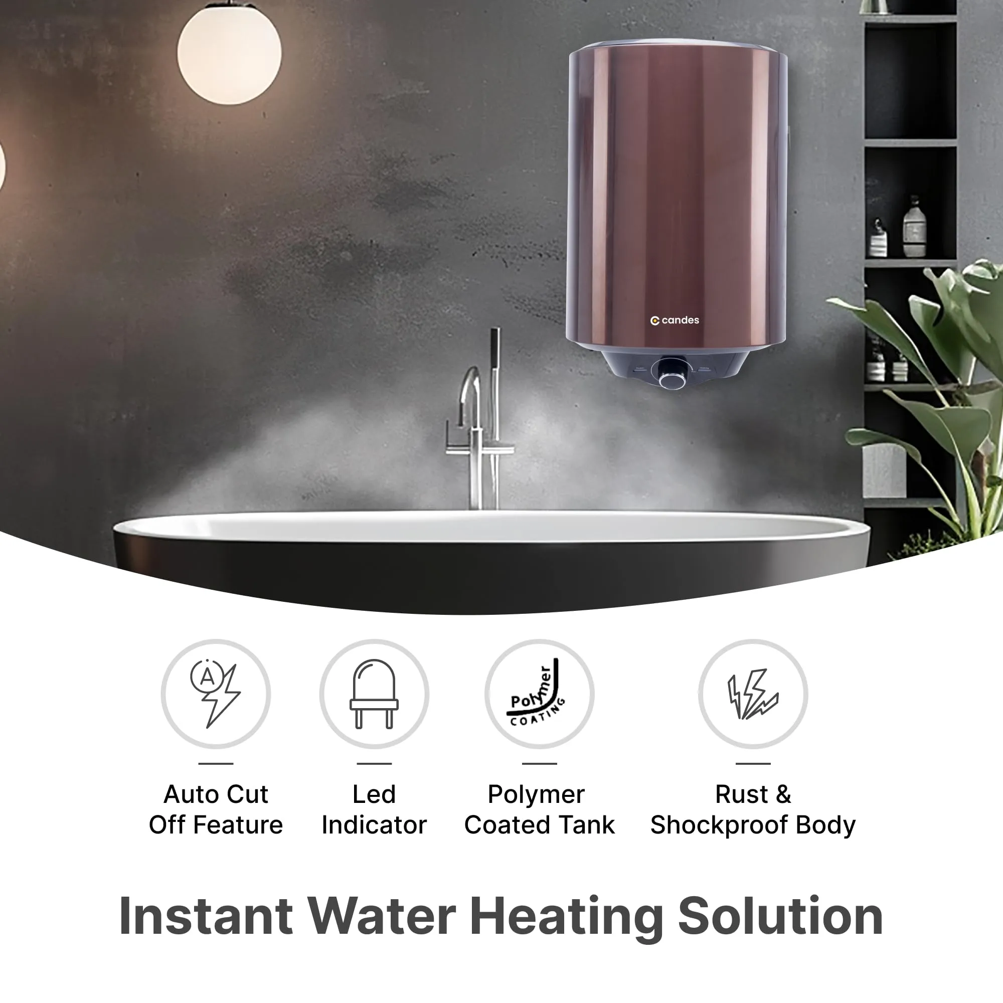 Candes Water Geyser 10 Litre | 5-Star Rated Water Heater for Home | 3 Level Safety | Suitable for High Rise | 8 bar pressure | Heat Retention | 5 Yr Tank & 2 Yr Product Manufacturer Warranty | Copper