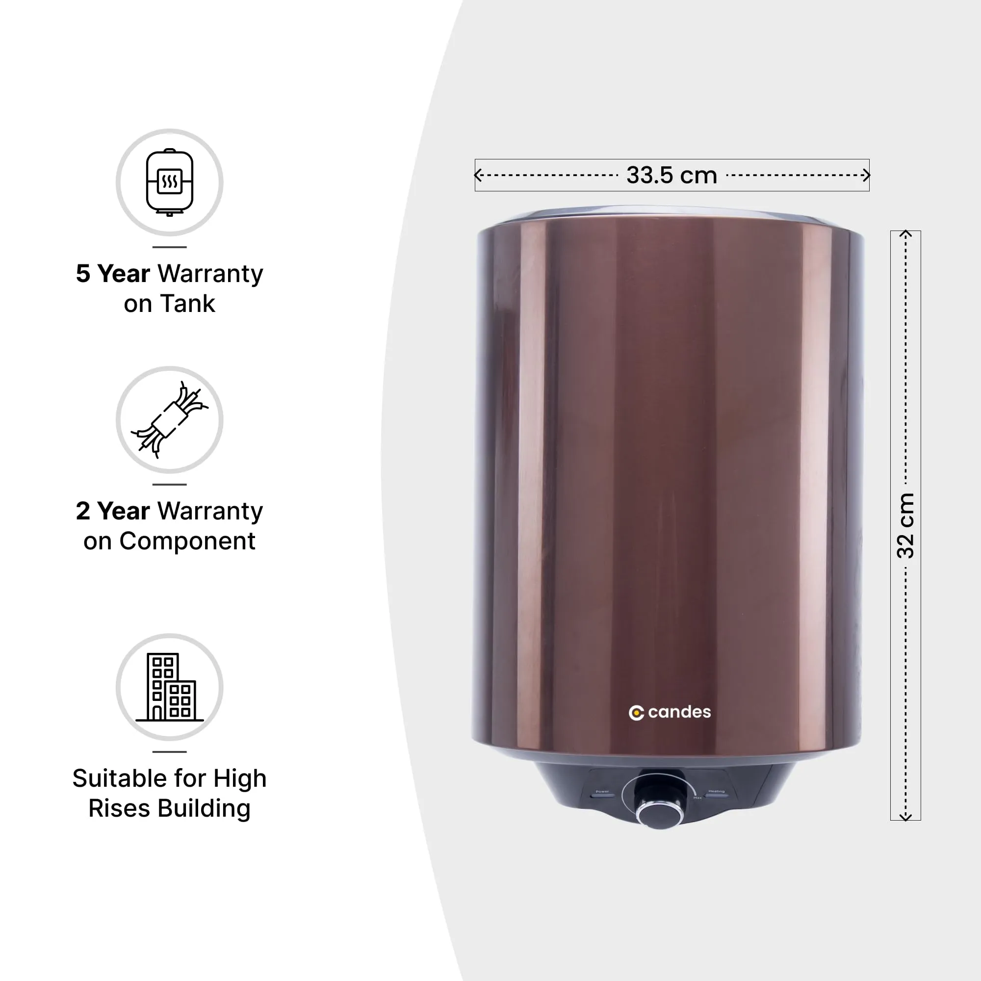 Candes Water Geyser 10 Litre | 5-Star Rated Water Heater for Home | 3 Level Safety | Suitable for High Rise | 8 bar pressure | Heat Retention | 5 Yr Tank & 2 Yr Product Manufacturer Warranty | Copper