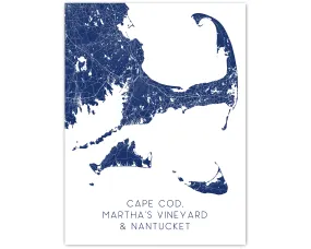 Cape Cod, Nantucket and Marthas Vineyard Island Map Print Poster, Massachusetts Islands Street Road Maps
