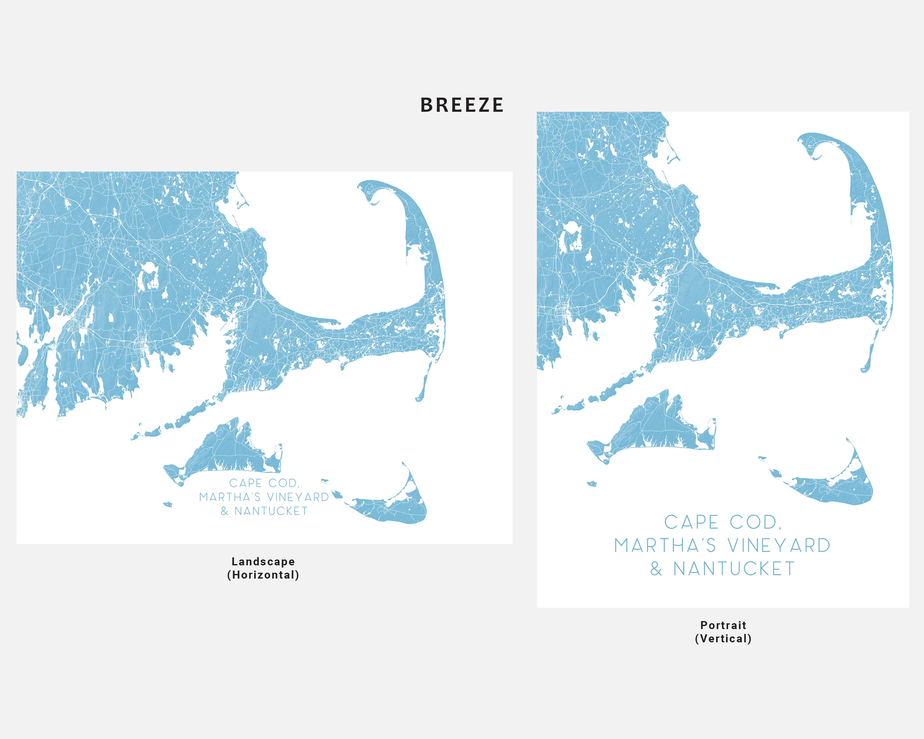 Cape Cod, Nantucket and Marthas Vineyard Island Map Print Poster, Massachusetts Islands Street Road Maps
