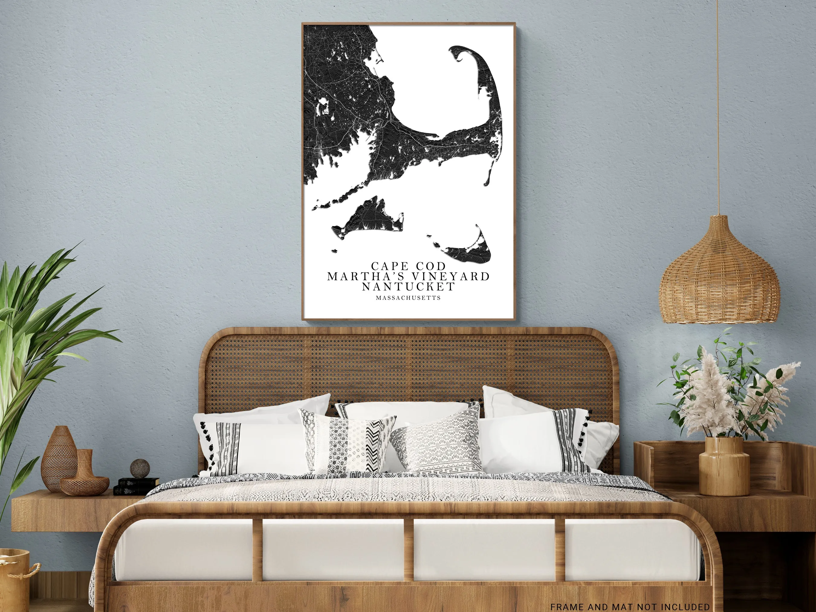 Cape Cod Nantucket Marthas Vineyard Islands Map Wall Art Print Poster, Black and White Massachusetts Maps
