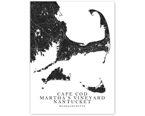Cape Cod Nantucket Marthas Vineyard Islands Map Wall Art Print Poster, Black and White Massachusetts Maps