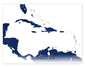 Caribbean Island Map Print Poster, Wall Art Map of the Islands in the Caribbean Sea Maps