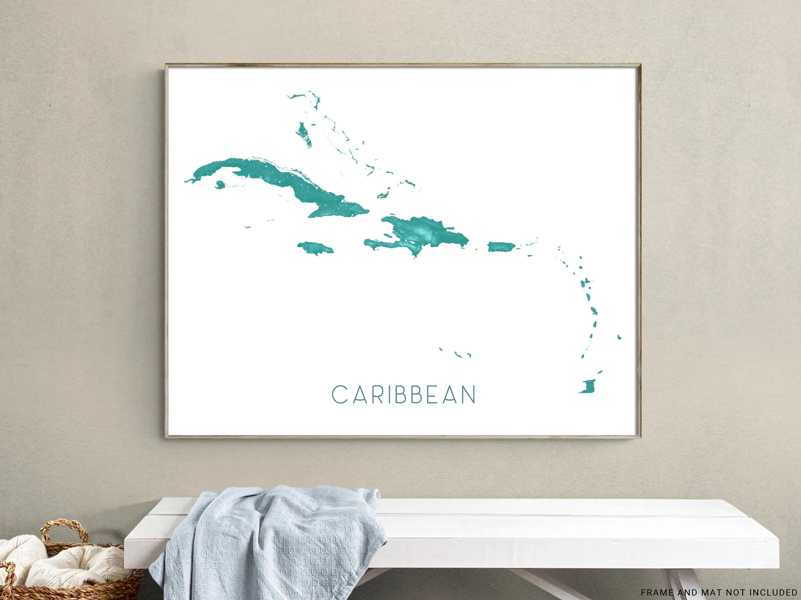 Caribbean Islands Map Print, Turquoise Wall Art Poster, Jamaica Barbados Cuba USVI