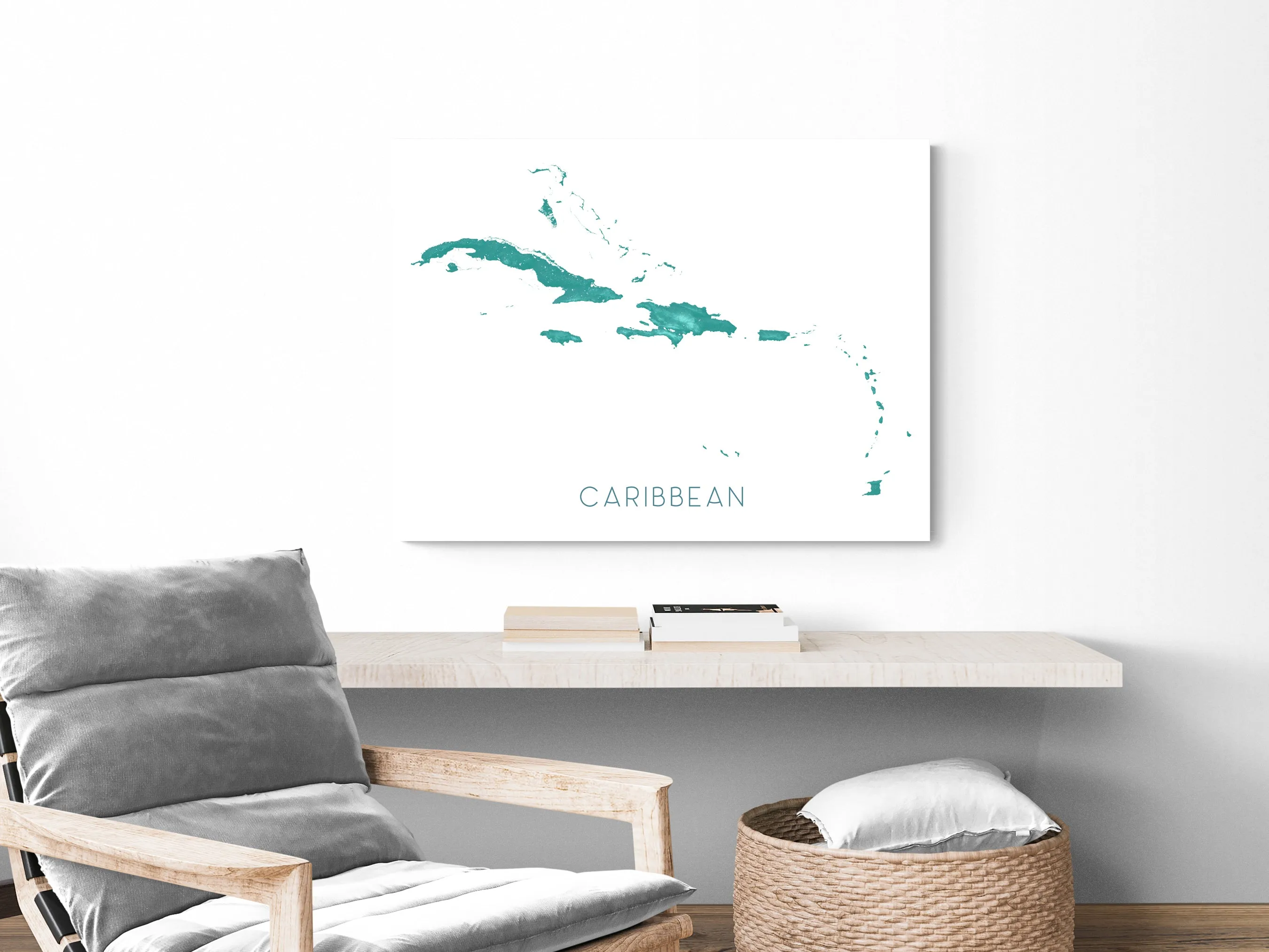 Caribbean Islands Map Print, Turquoise Wall Art Poster, Jamaica Barbados Cuba USVI
