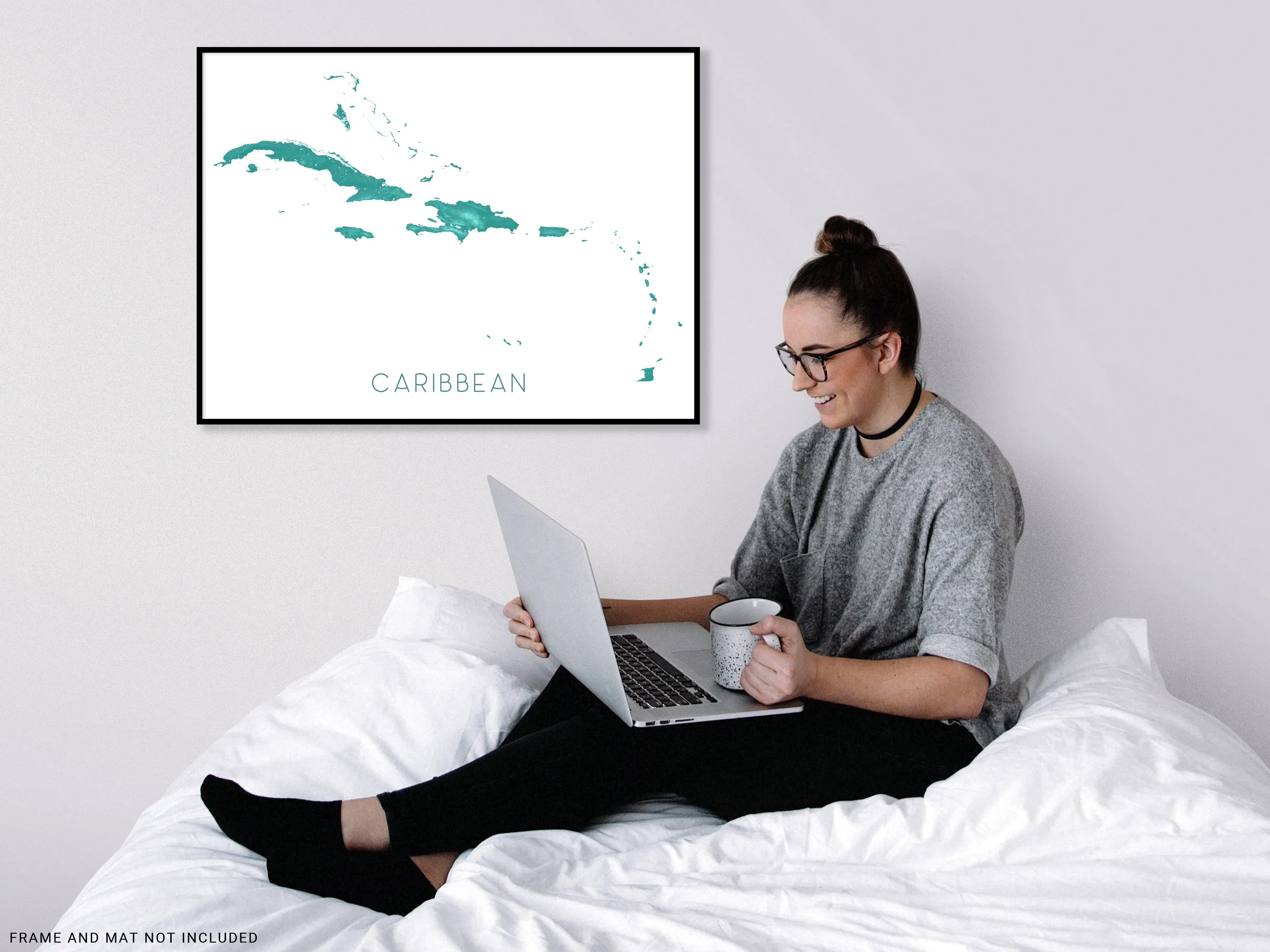 Caribbean Islands Map Print, Turquoise Wall Art Poster, Jamaica Barbados Cuba USVI