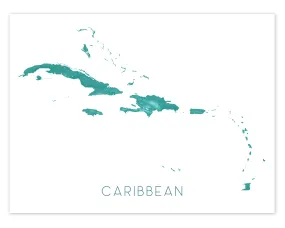 Caribbean Islands Map Print, Turquoise Wall Art Poster, Jamaica Barbados Cuba USVI