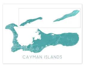 Cayman Islands Map Print Poster, Turquoise Grand Cayman Island Wall Art Street Maps, Caribbean