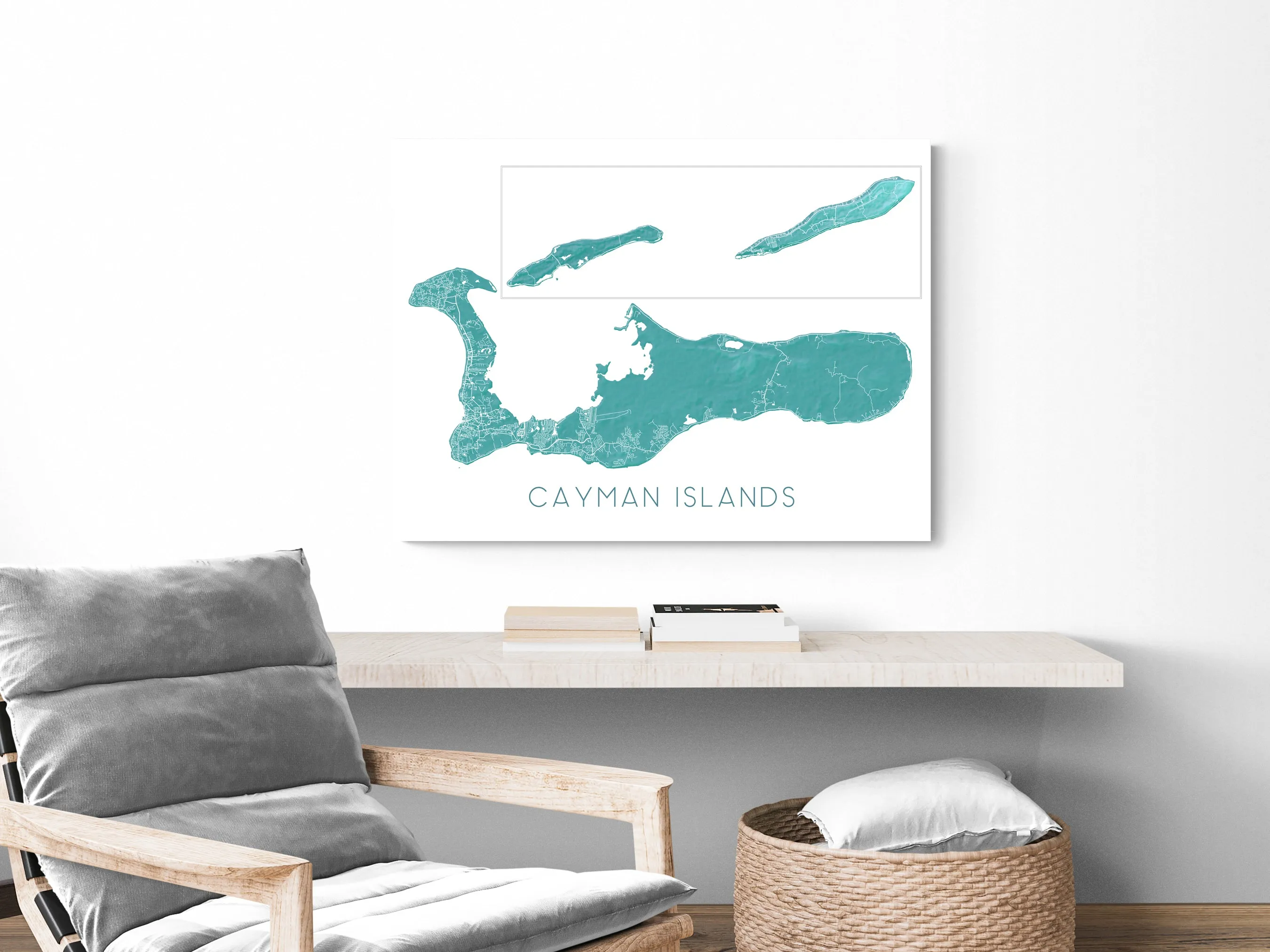 Cayman Islands Map Print Poster, Turquoise Grand Cayman Island Wall Art Street Maps, Caribbean