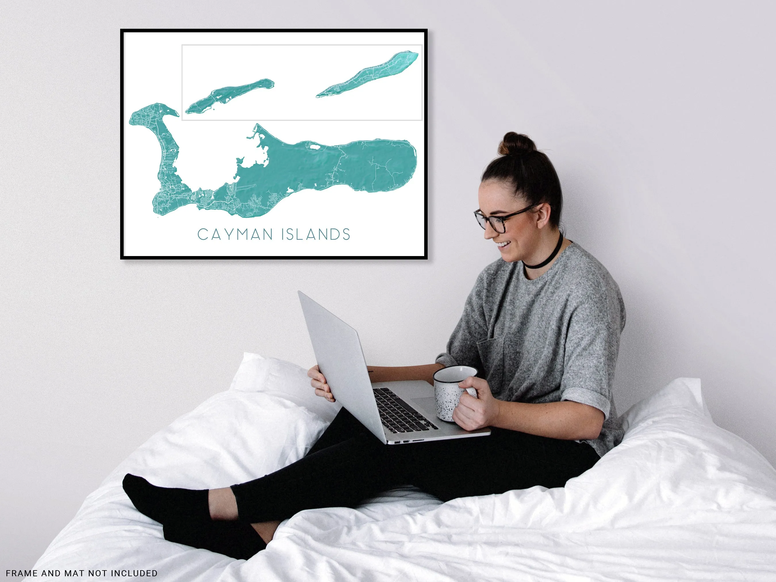 Cayman Islands Map Print Poster, Turquoise Grand Cayman Island Wall Art Street Maps, Caribbean