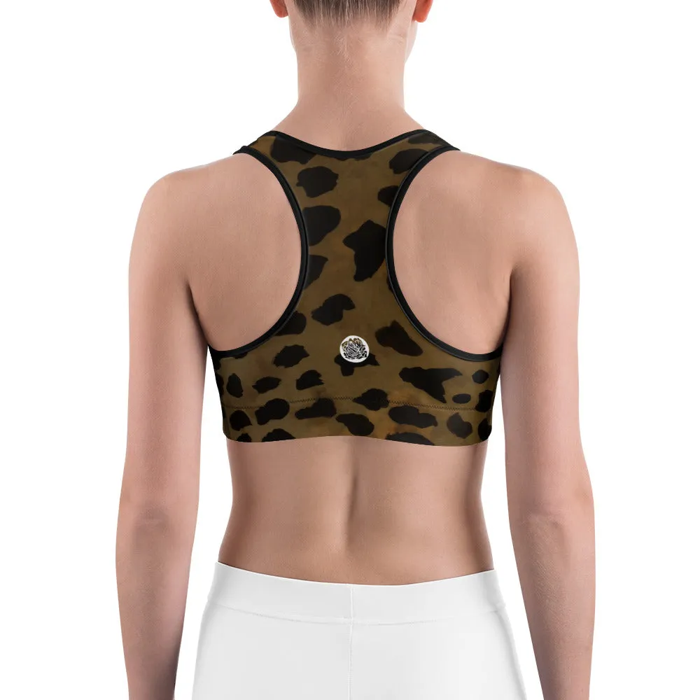Cheetah Leopard Print Yoga Bra, Brown Animal Print Sports Bra For Women-Made in USA/EU