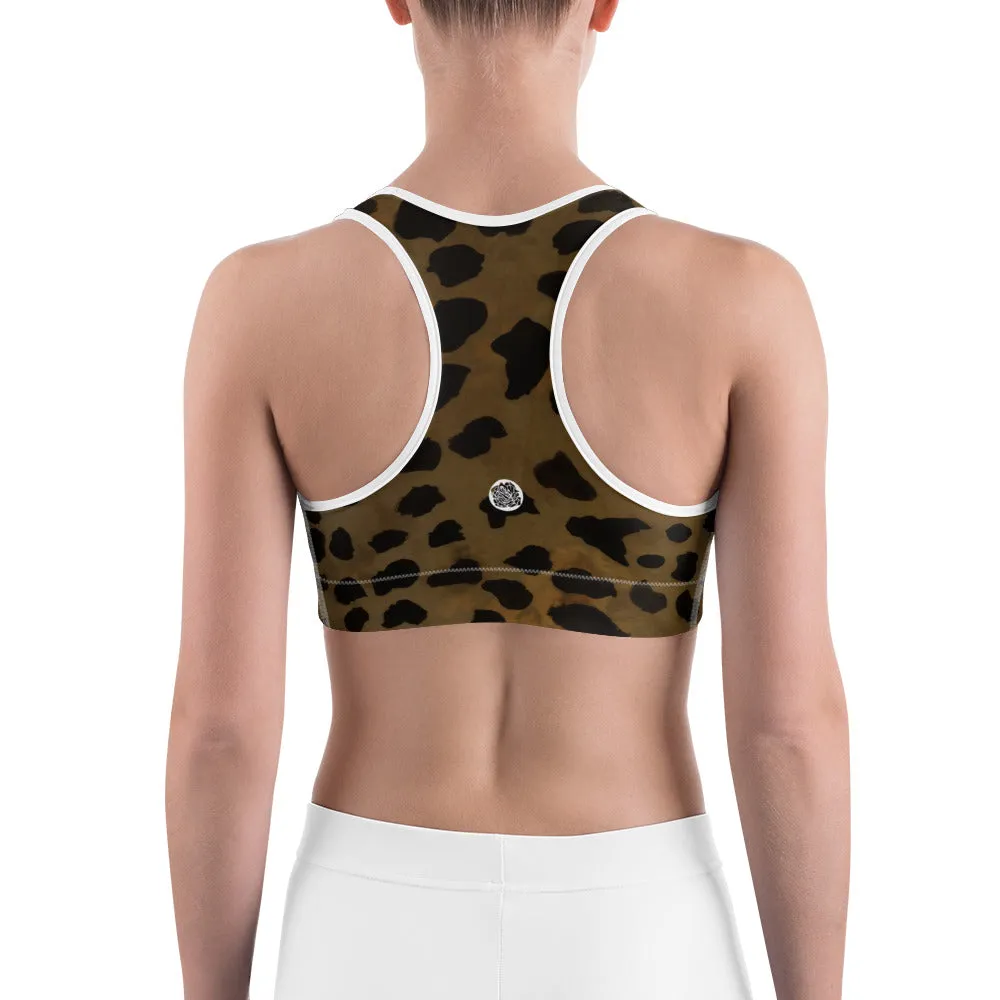 Cheetah Leopard Print Yoga Bra, Brown Animal Print Sports Bra For Women-Made in USA/EU