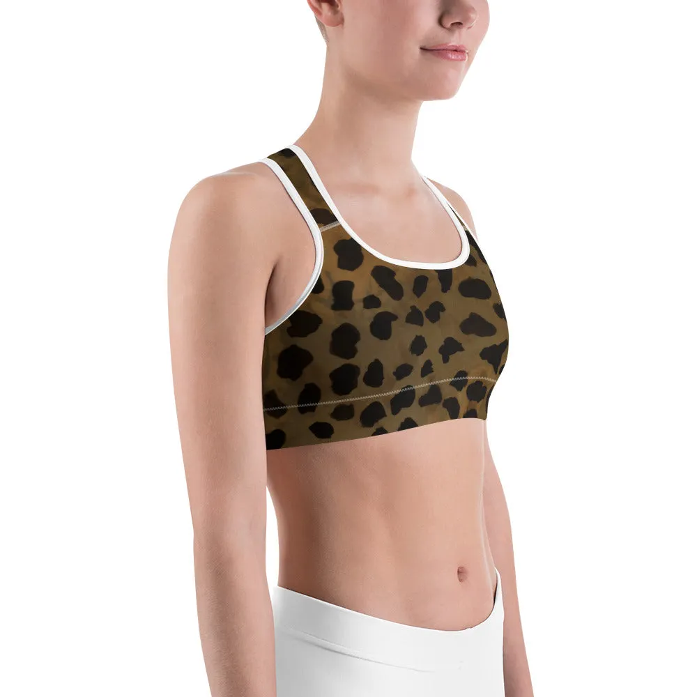 Cheetah Leopard Print Yoga Bra, Brown Animal Print Sports Bra For Women-Made in USA/EU