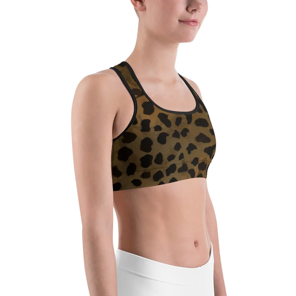 Cheetah Leopard Print Yoga Bra, Brown Animal Print Sports Bra For Women-Made in USA/EU