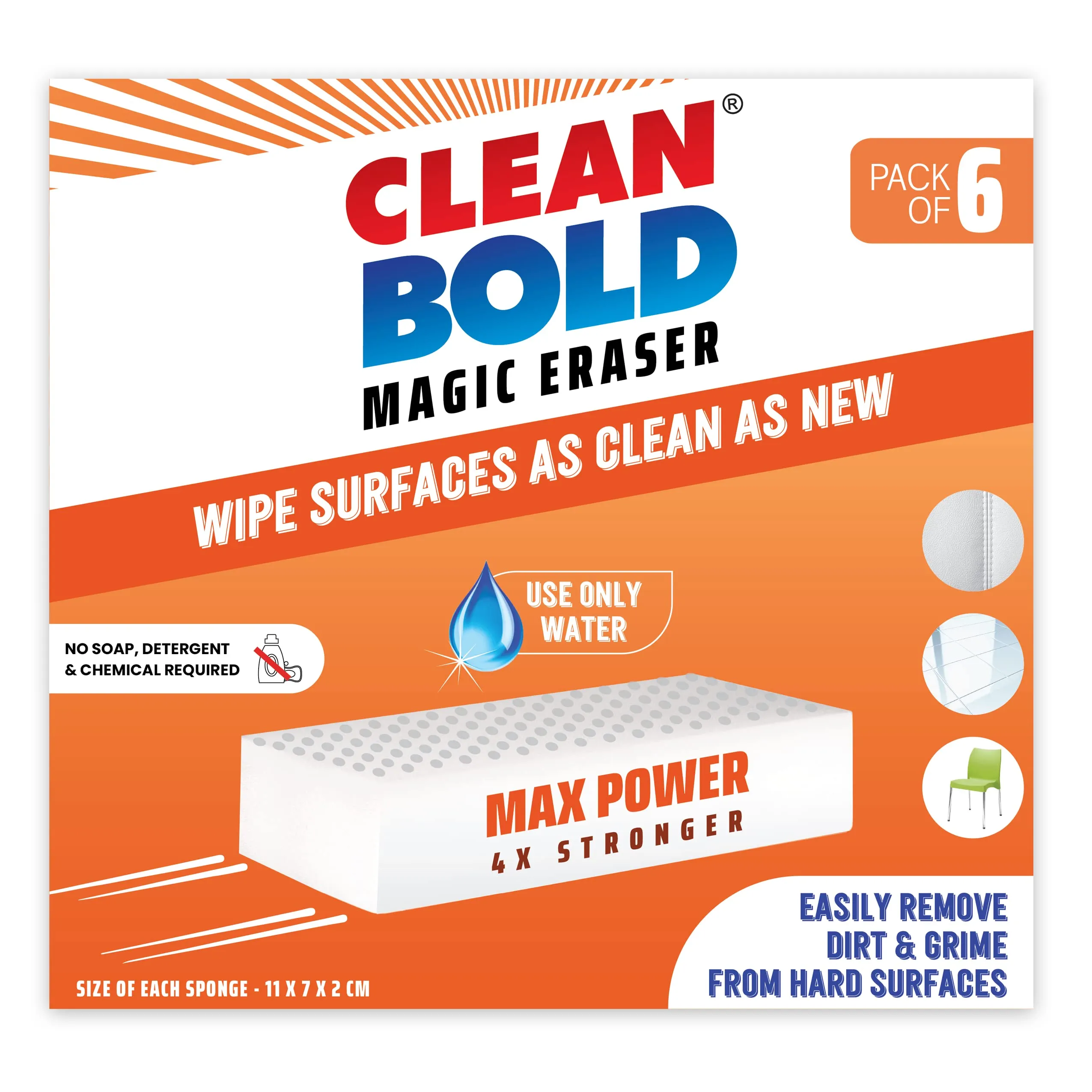 CleanBold® Max Power Magic Eraser, Extra Durable Melamine Sponge, 4X Stronger, Pack of 6 Chemical Free Multipurpose Non-Scratch Scrub Sponge for Office Home Bathroom Kitchen Tiles Floor Deep Cleaning, Melamine
