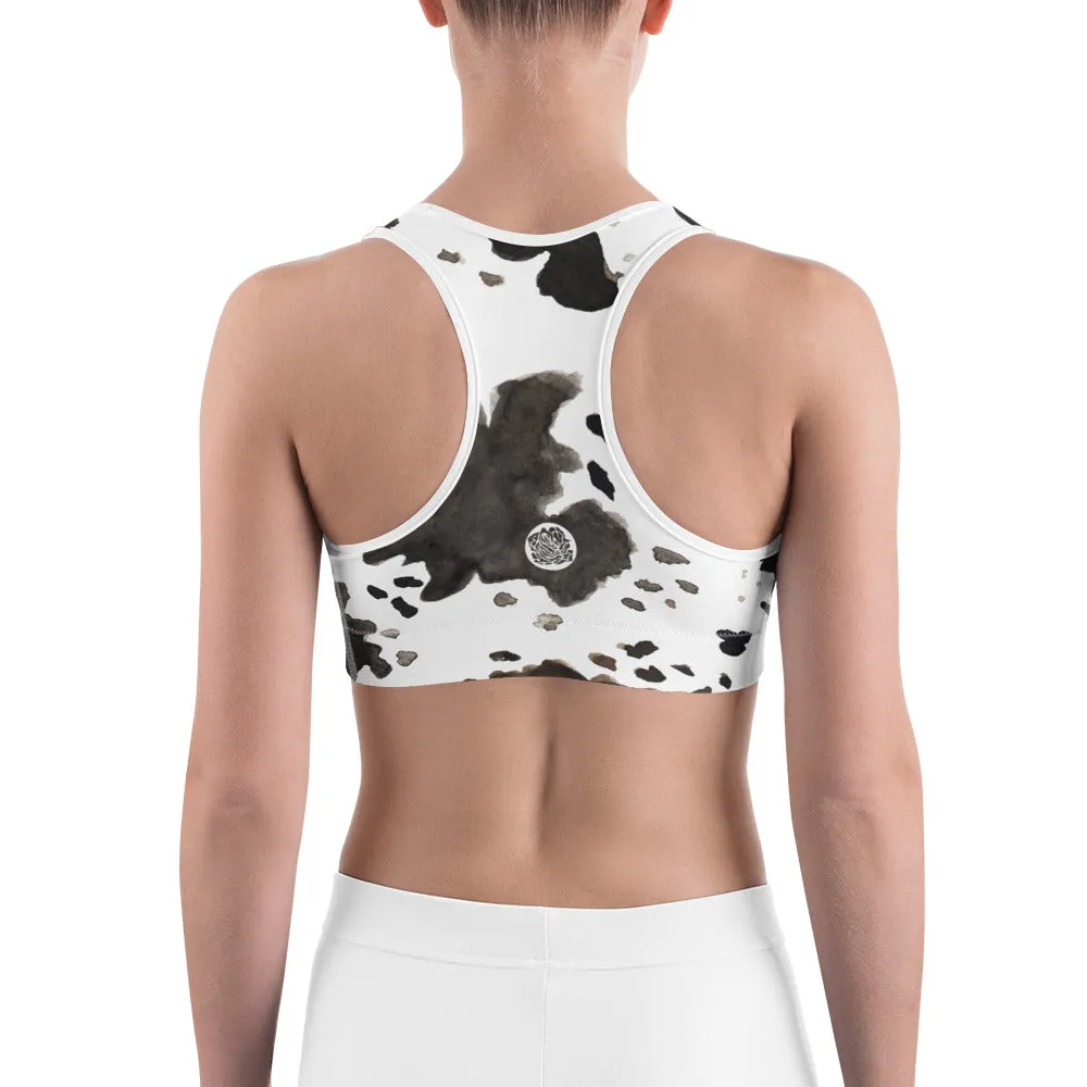 Cow Print Women's Sports Bra, Farm Animal Print Premium Workout Bra - Made in USA/EU