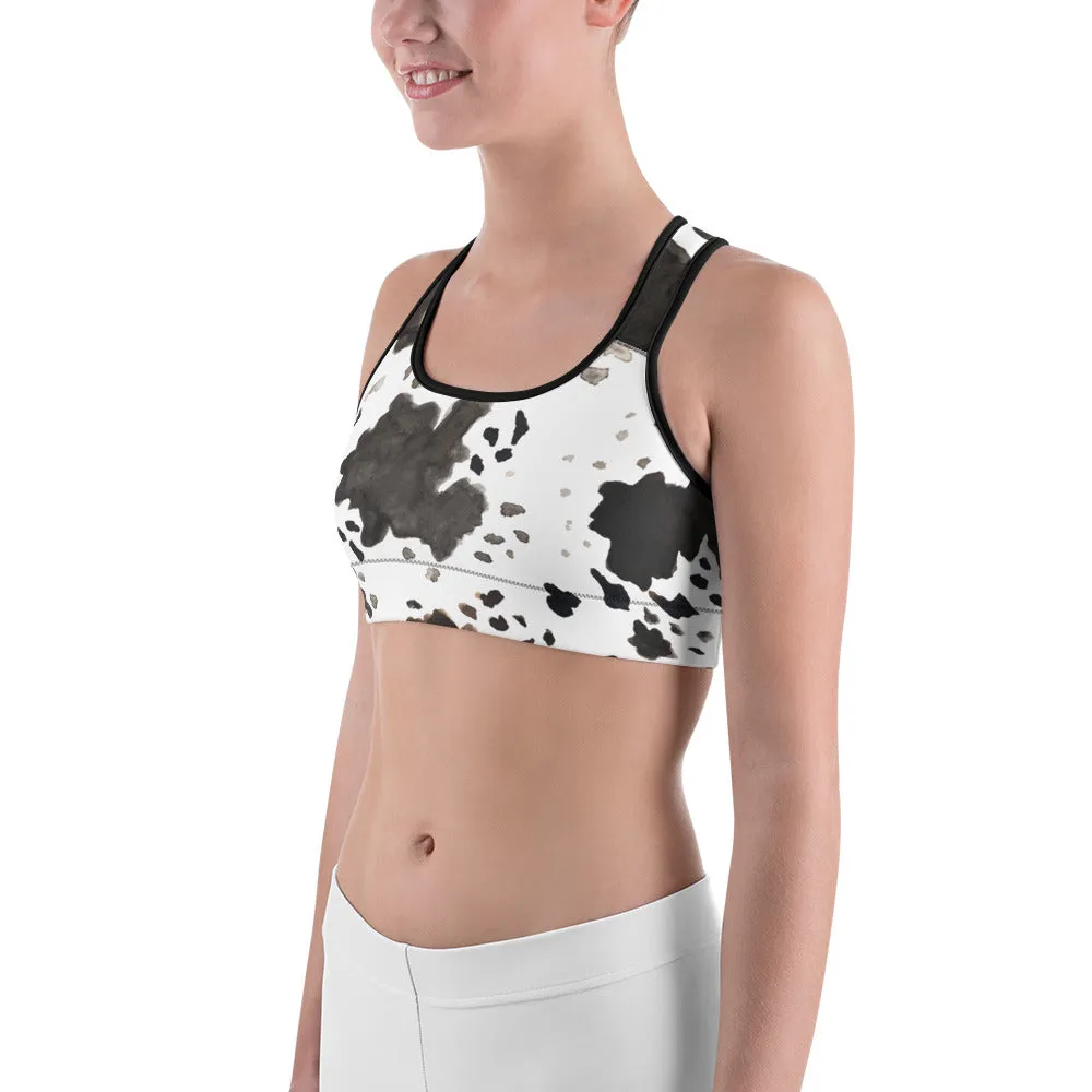 Cow Print Women's Sports Bra, Farm Animal Print Premium Workout Bra - Made in USA/EU