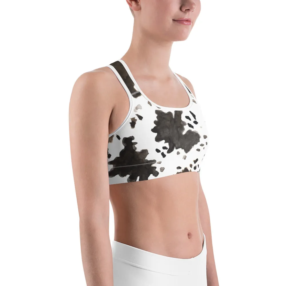 Cow Print Women's Sports Bra, Farm Animal Print Premium Workout Bra - Made in USA/EU