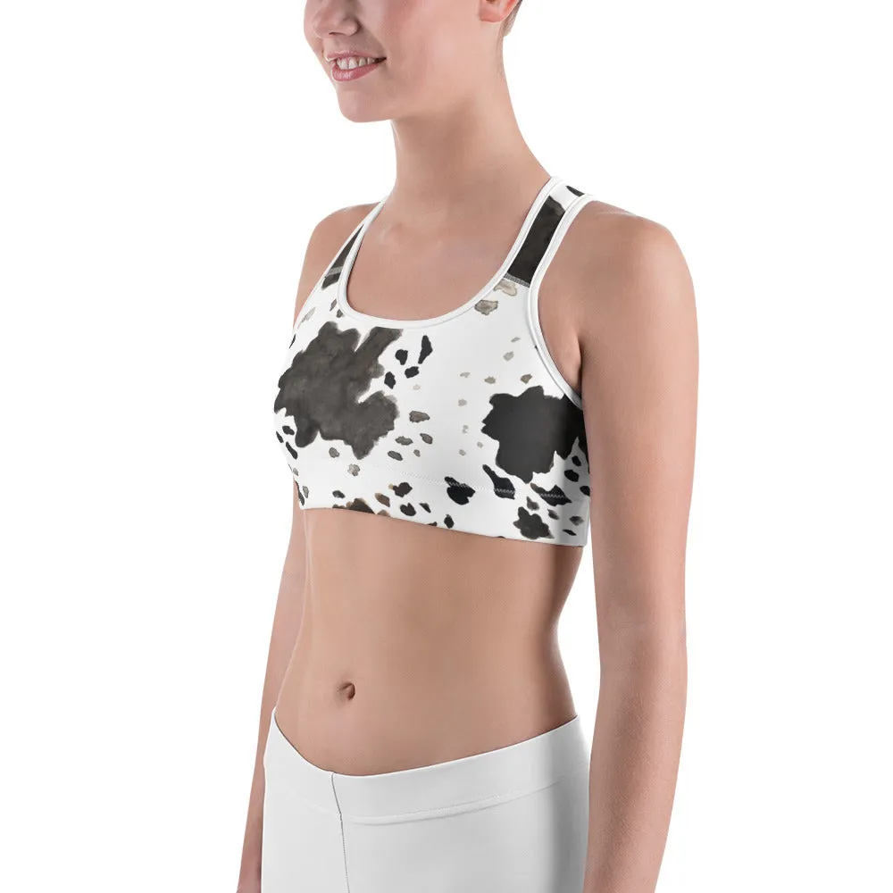 Cow Print Women's Sports Bra, Farm Animal Print Premium Workout Bra - Made in USA/EU