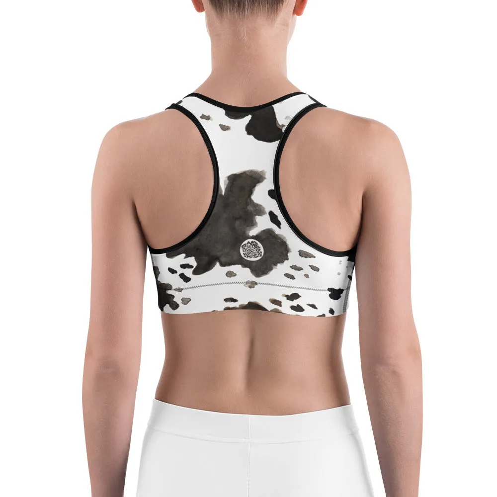 Cow Print Women's Sports Bra, Farm Animal Print Premium Workout Bra - Made in USA/EU