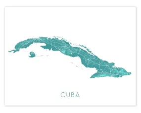 Cuba Map Print Poster, Turquoise Topographic Caribbean Island Wall Art Road Street Maps, Havana Varadero