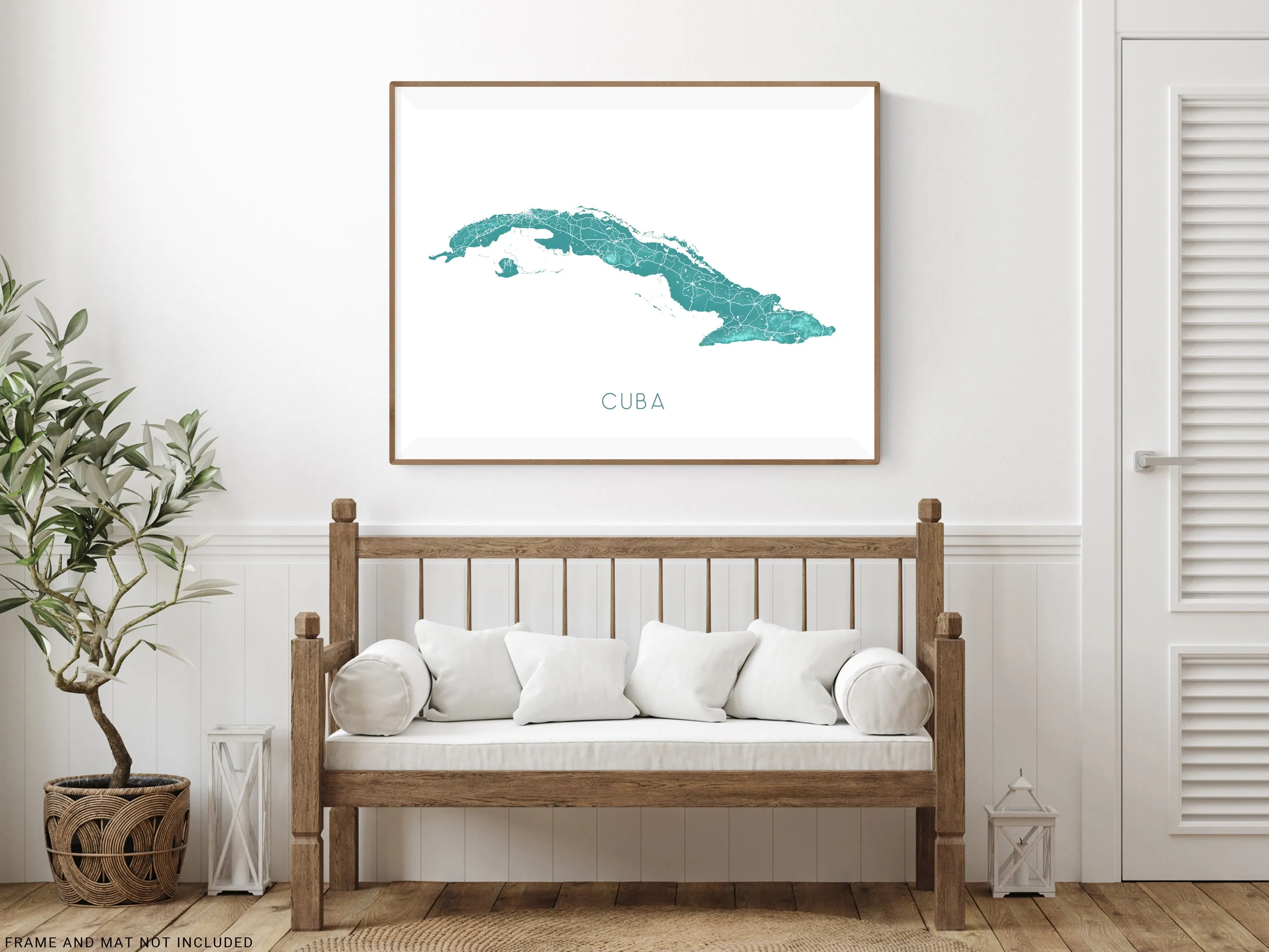 Cuba Map Print Poster, Turquoise Topographic Caribbean Island Wall Art Road Street Maps, Havana Varadero