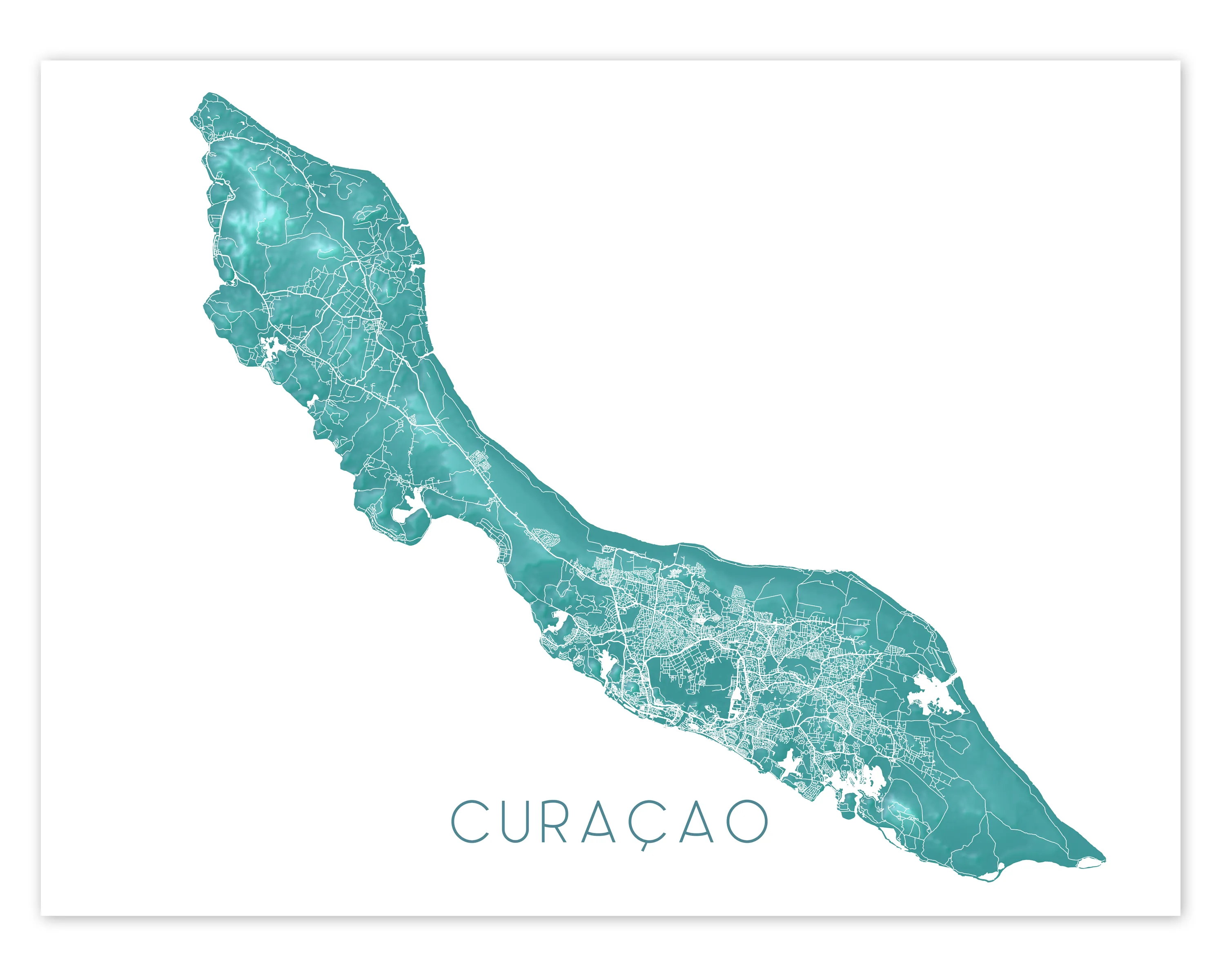 Curacao Island Map Print, Turquoise Caribbean Islands Wall Art Poster Maps