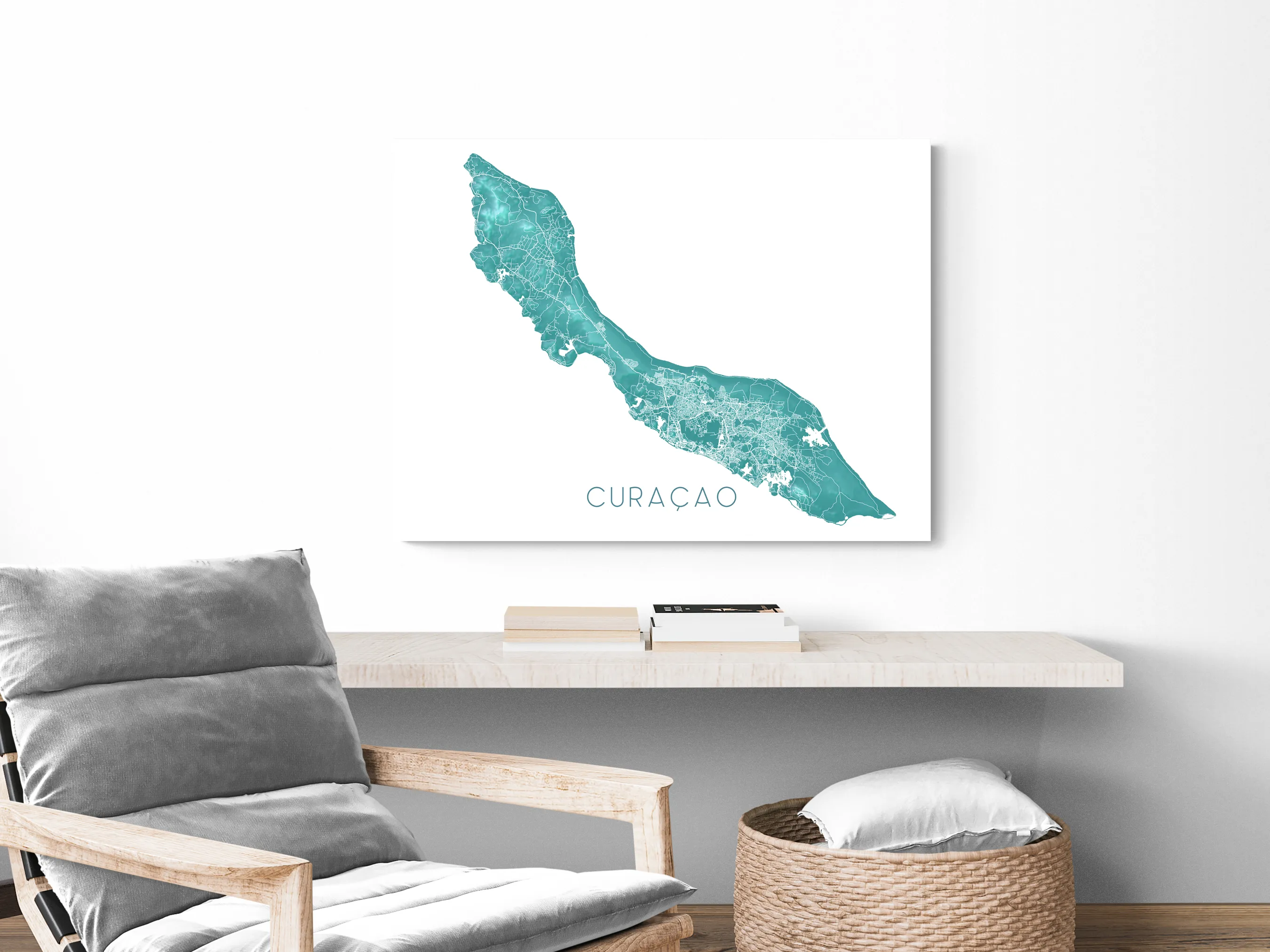 Curacao Island Map Print, Turquoise Caribbean Islands Wall Art Poster Maps