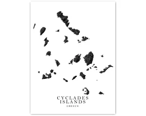 Cyclades Greek Islands Map Print Poster, Black and White Topographic Greece Island Wall Art Prints, Santorini Mykonos Naxos Syros Andros