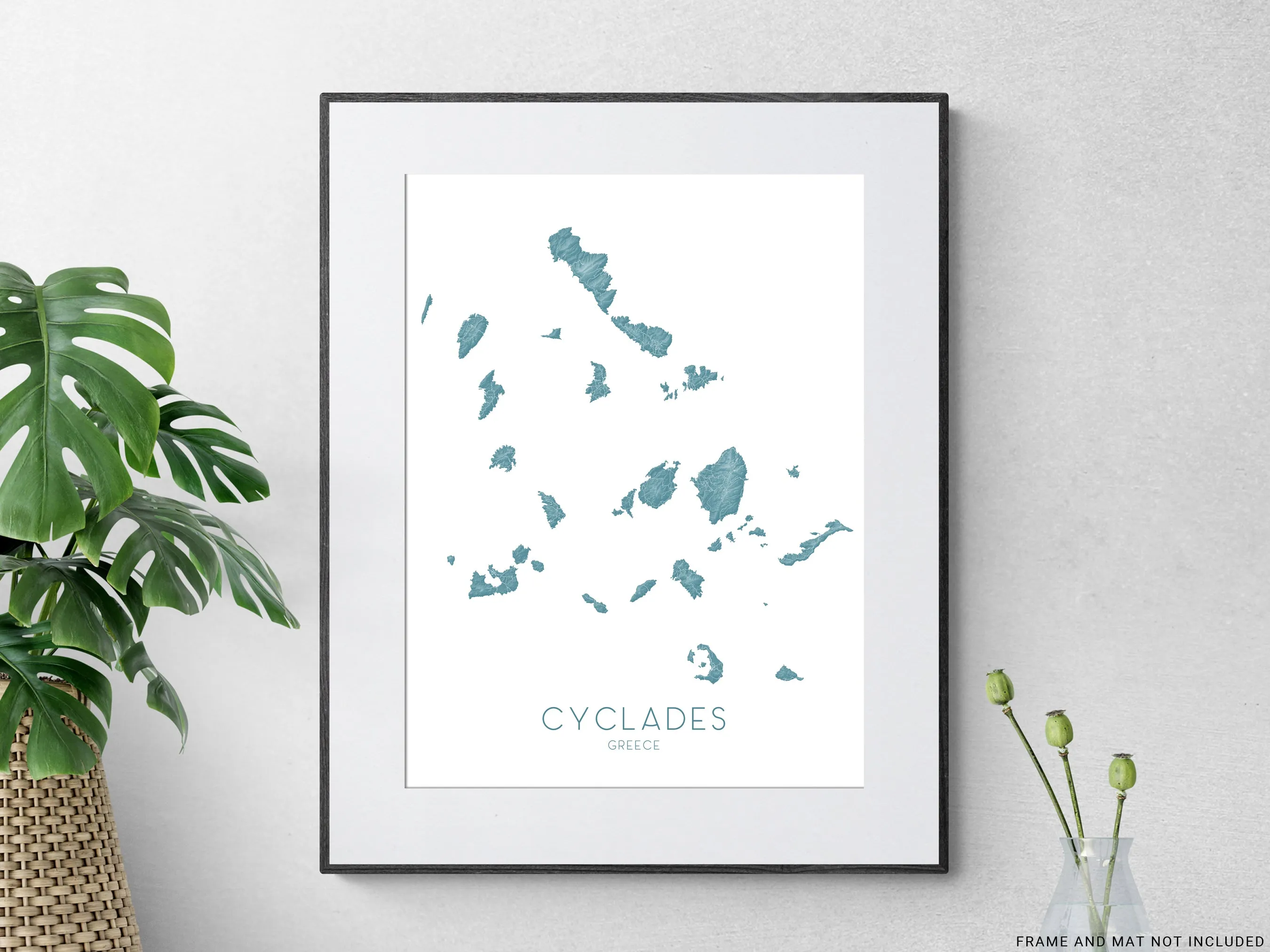 Cyclades Islands Greece Map Wall Art Print Poster, Greek Islands Santorini Thira Mykonos Naxos Paros