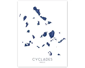 Cyclades Islands Greece Map Wall Art Print Poster, Greek Islands Santorini Thira Mykonos Naxos Paros