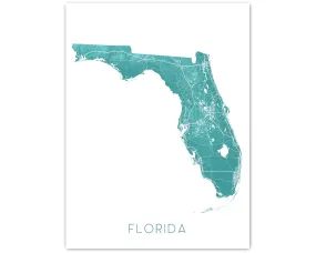 Florida Map Wall Art Print Poster, Turquoise Topographic FL State Road Maps, Keys Miami Key West Orlando