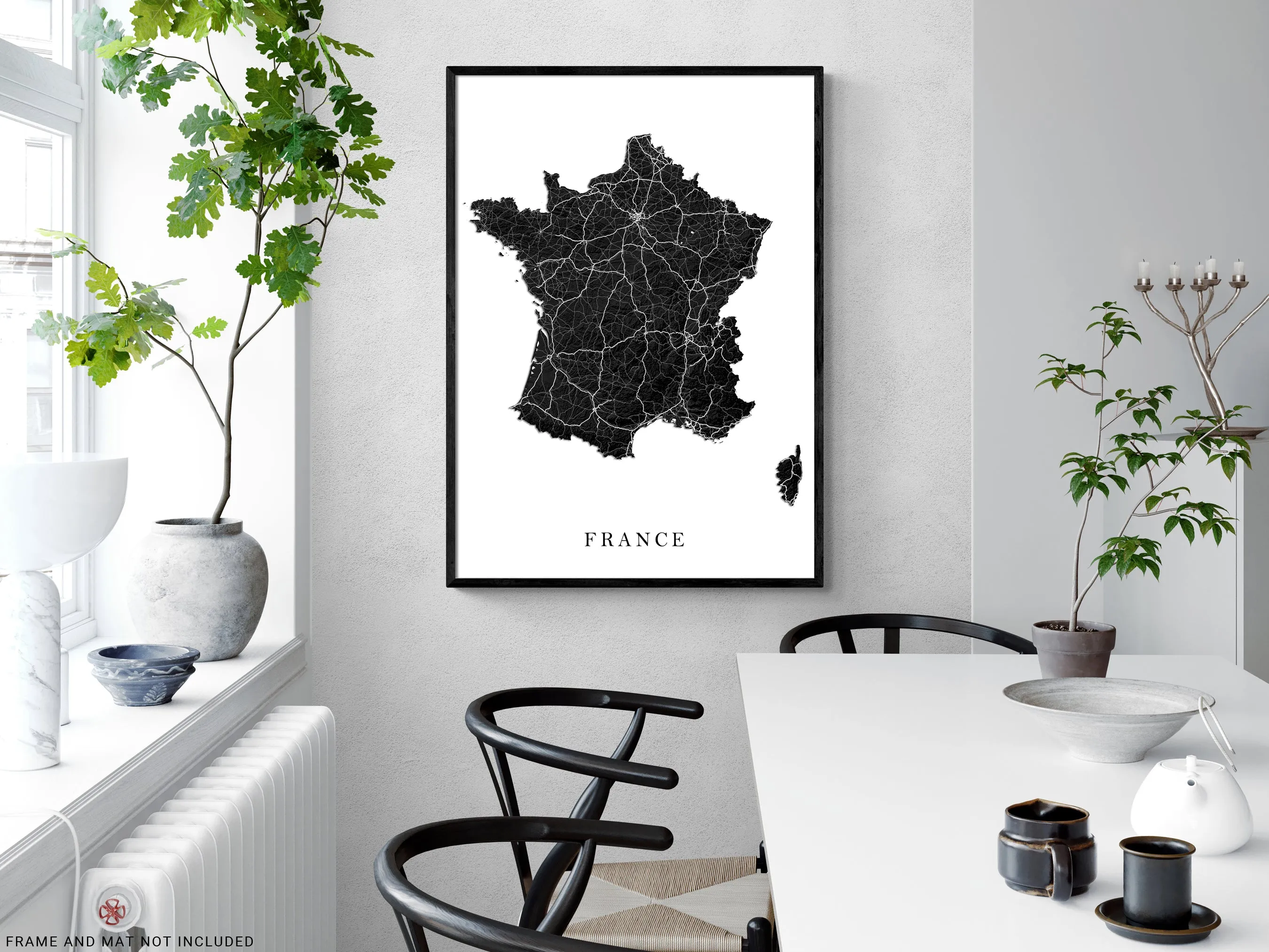 France Map Print Poster, Black and White Topographic Country Wall Art Road Maps, Paris