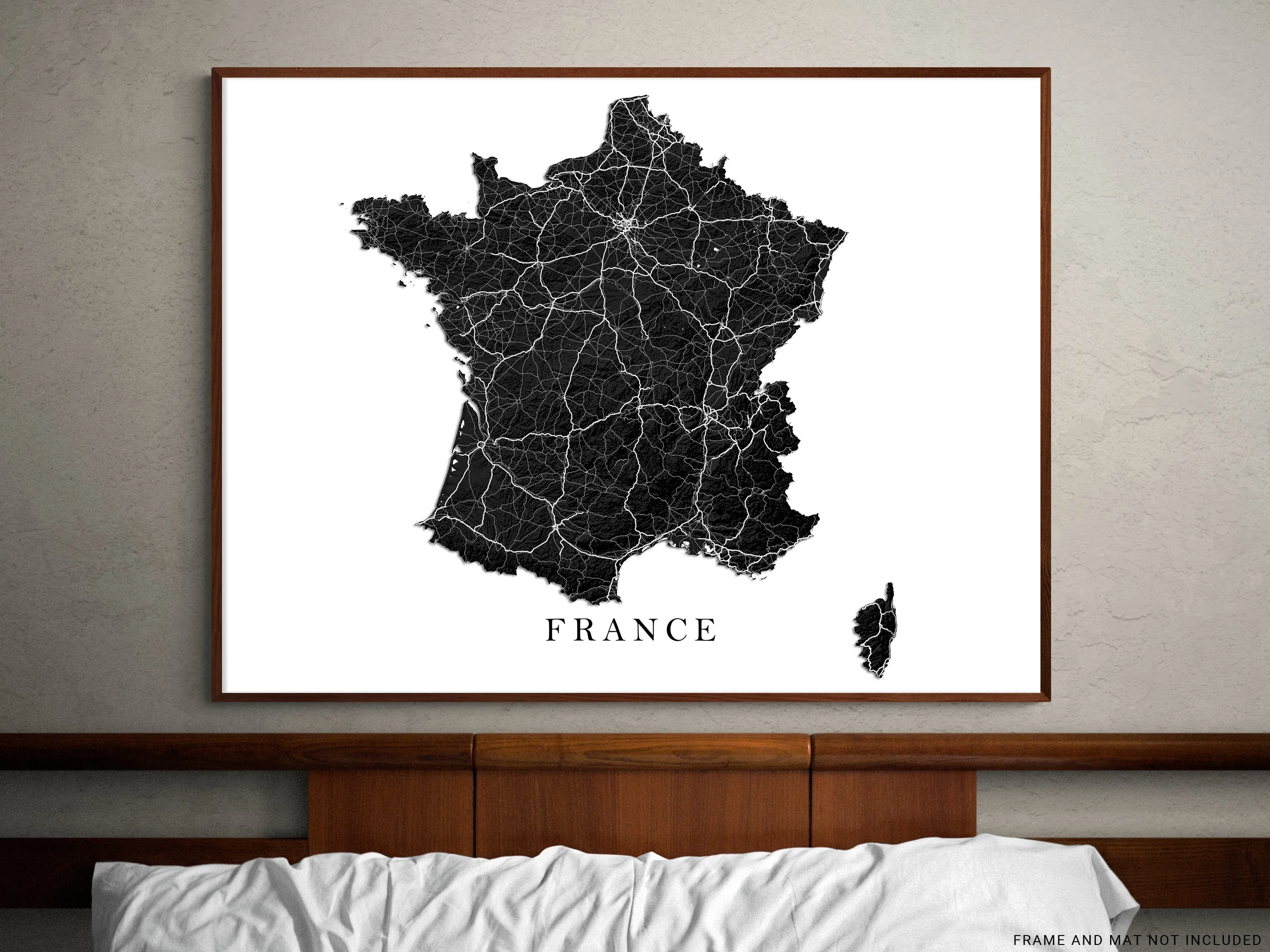 France Map Print Poster, Black and White Topographic Country Wall Art Road Maps, Paris