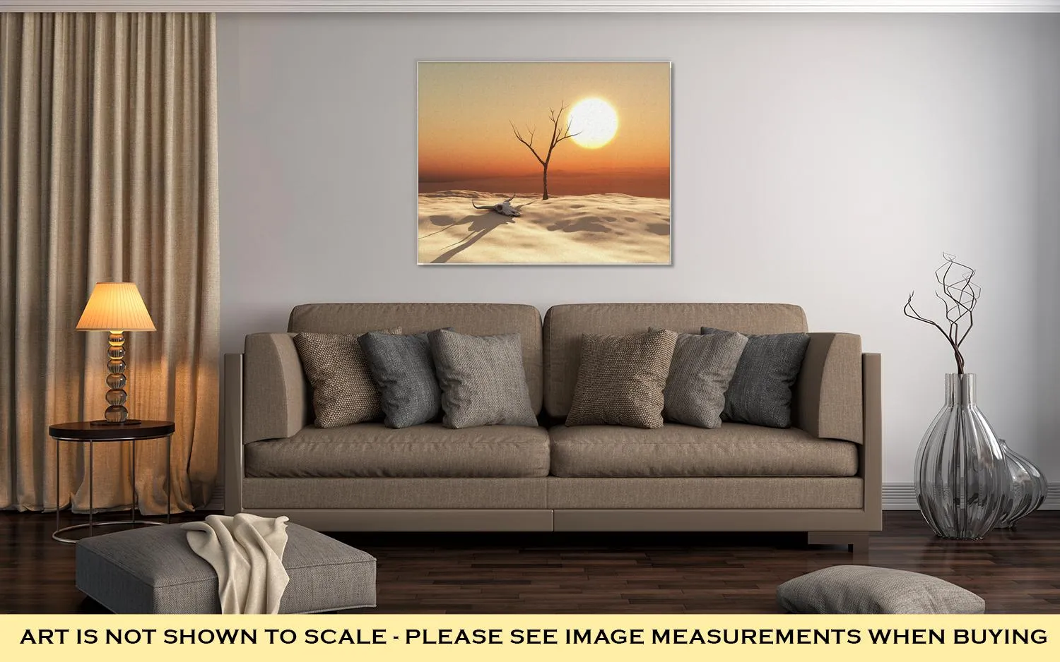 Gallery Wrapped Canvas, 3d Illustration Of A Desert Landscape With Cow Skull And Dead Tree