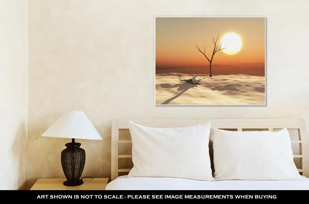 Gallery Wrapped Canvas, 3d Illustration Of A Desert Landscape With Cow Skull And Dead Tree