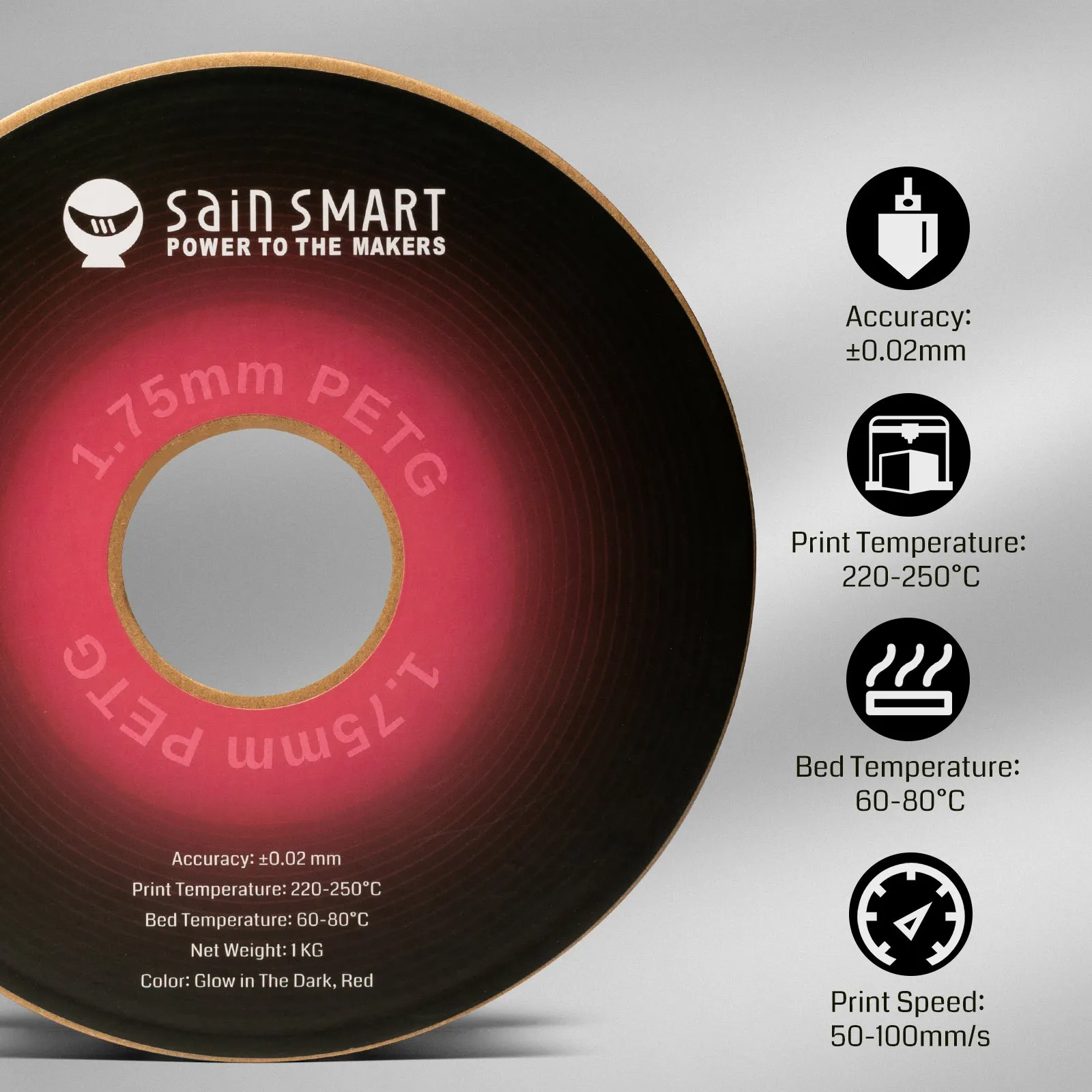 Glow-in-the-dark Red 1.75mm PRO-3 PETG Filament, 1kg
