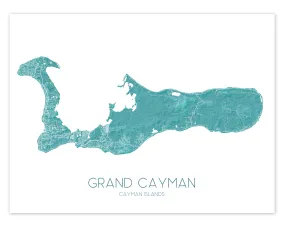 Grand Cayman Island Map Print Poster, Turquoise Caribbean Islands Wall Art Street Road Maps