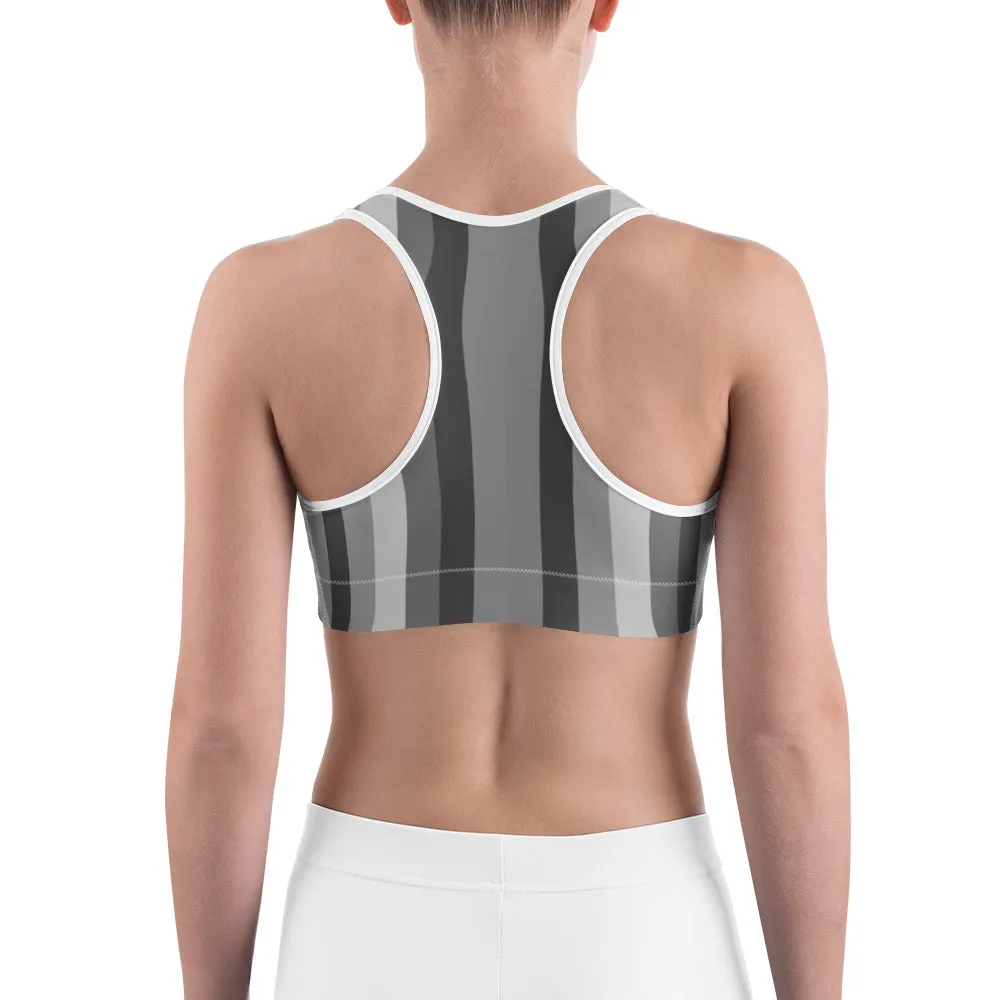 Gray Striped Women's Bra, Vertically Striped Red Hearts Print Fitness Bra-Made in USA/EU