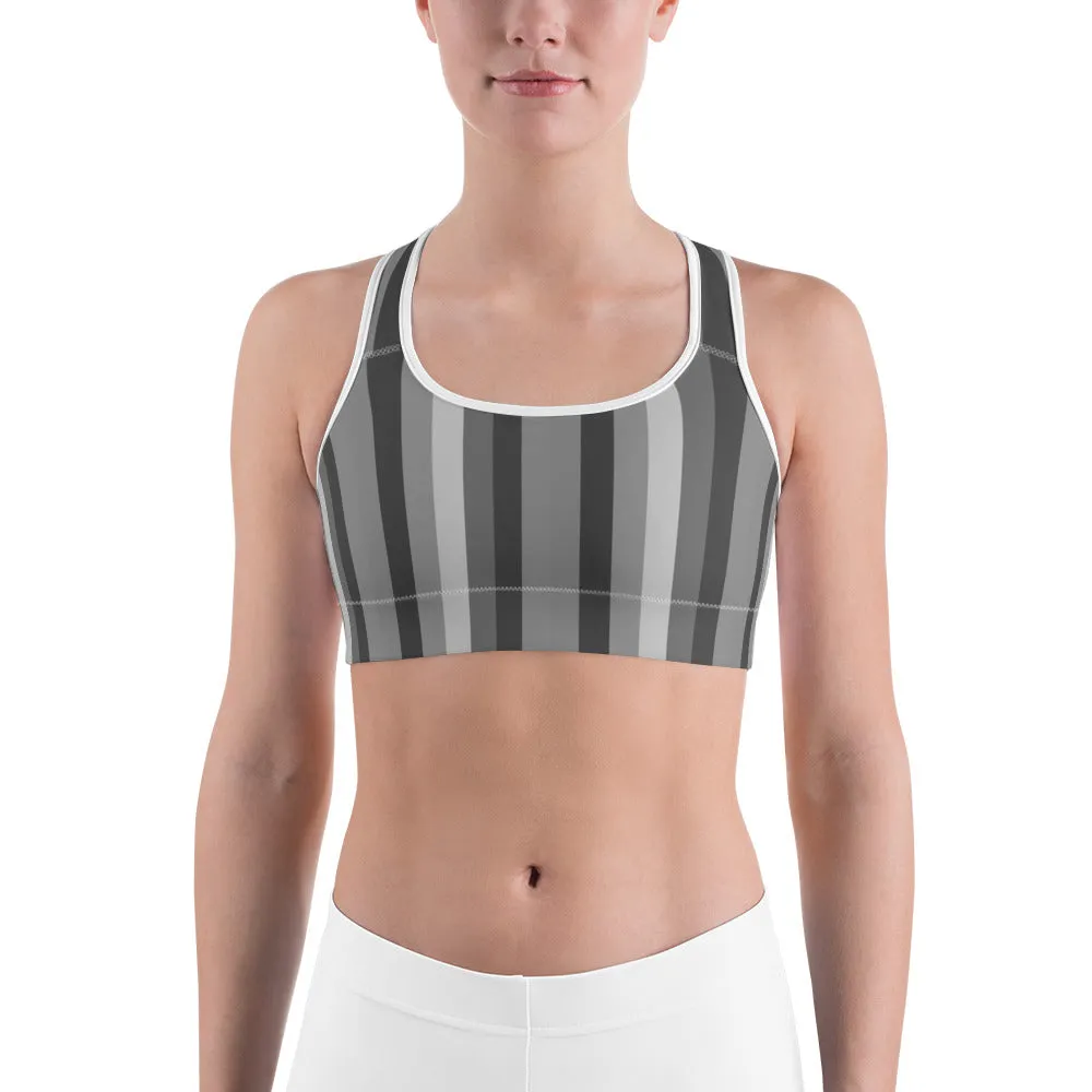Gray Striped Women's Bra, Vertically Striped Red Hearts Print Fitness Bra-Made in USA/EU