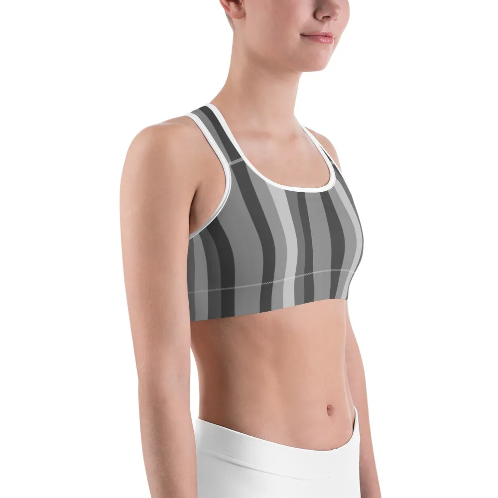 Gray Striped Women's Bra, Vertically Striped Red Hearts Print Fitness Bra-Made in USA/EU