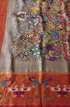 Grey Pen Kalamkari Paithani Pure Silk Muniya Border Dupatta