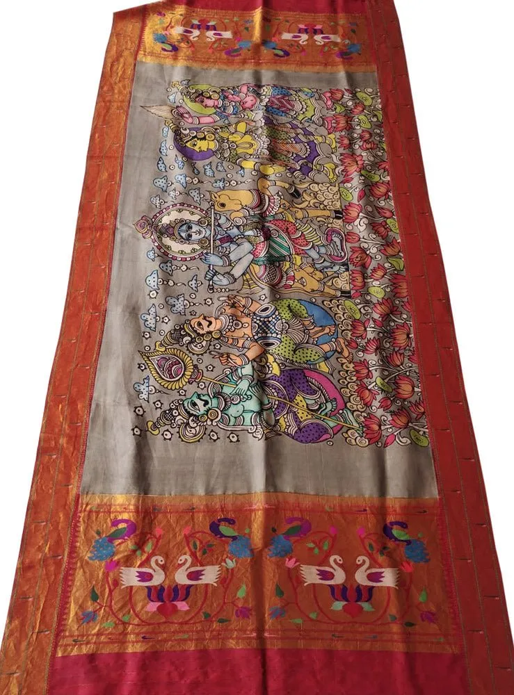 Grey Pen Kalamkari Paithani Pure Silk Muniya Border Dupatta
