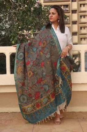 Grey Pen Kalamkari Pure Silk Dupatta